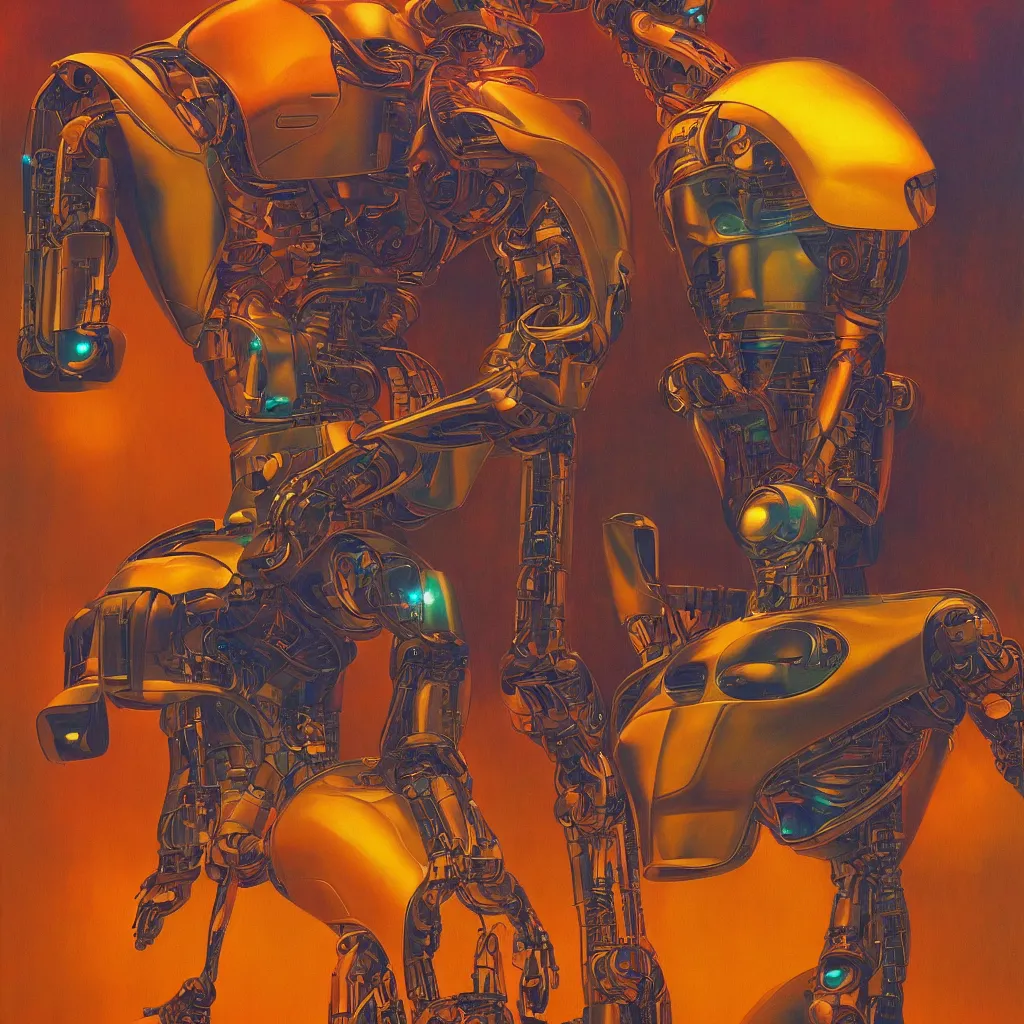 Image similar to portrait of a futuristic robot terminator in the style of Moebius + maxfield parrish + Thomas Ehretsmann, nice colors, hyper-realistic, intrincate, detailed, 8k, goauche painting, bright colors