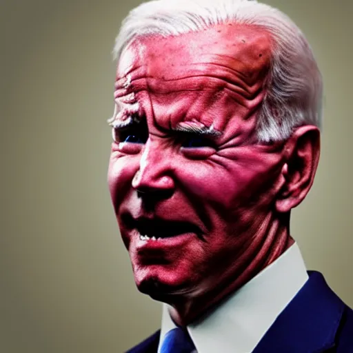 Image similar to hyper realistic terror photo Doom horror furious glowing red eyes biden