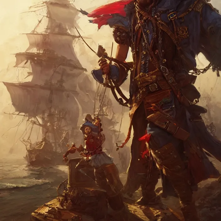 Image similar to pirate captain d & d, d & d style, trending on artstation, intricate, highly detailed, vivid painting, colorful, art by greg rutkowski