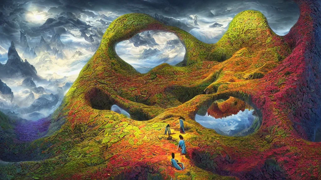 Prompt: fantasy landscape with fractals in the styles of igor morski, jim warren, and m. c. escher, intricate, colorful, hyperrealistic, volumetric lighting