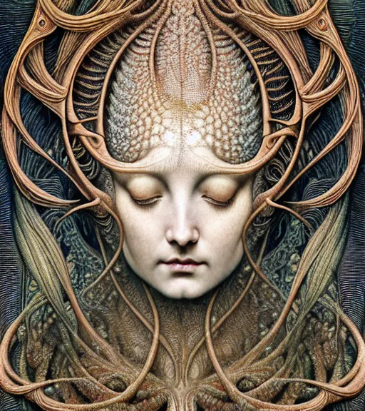 Prompt: detailed realistic beautiful spice goddess face portrait by jean delville, gustave dore, iris van herpen and marco mazzoni, art forms of nature by ernst haeckel, art nouveau, symbolist, visionary, gothic, neo - gothic, pre - raphaelite, fractal lace, intricate alien botanicals, ai biodiversity, surreality, hyperdetailed ultrasharp octane render