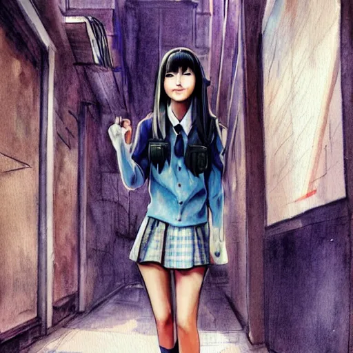 Image similar to a perfect, realistic professional digital sketch of a Japanese schoolgirl posing in a sci-fi alleyway, style of Marvel and DC, full length, by pen and watercolor, by a professional American senior artist on ArtStation, a high-quality hollywood-style sketch, on high-quality paper