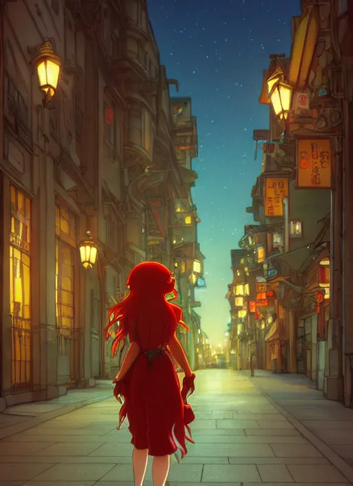 Image similar to pretty young woman with long red hair walking down a city street at night, path traced, highly detailed, high quality, digital painting, by studio ghibli and alphonse mucha, leesha hannigan, makoto shinkai, disney