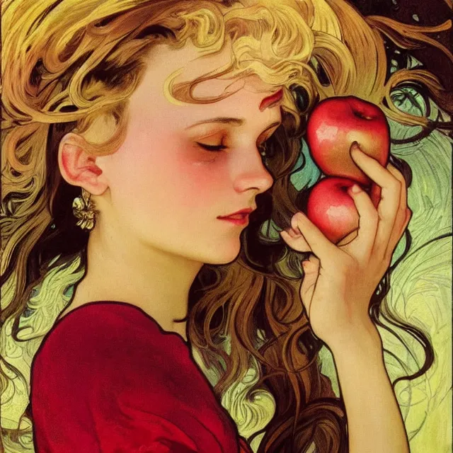 Image similar to an aesthetic! detailed close - up portrait of an aesthetic woman crying mournfully while holding an apple, by frank frazetta and alphonse mucha, oil on canvas, bright colors, art nouveau, epic composition, dungeons and dragons fantasy art, hd, god - rays, ray - tracing, crisp contour - lines, huhd - 8 k