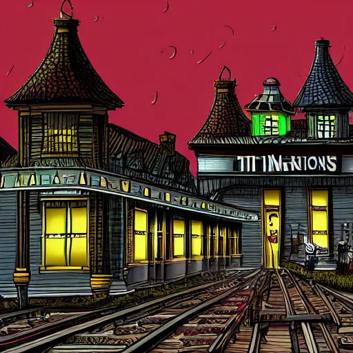 Image similar to train station designed by tim burton at night art digital