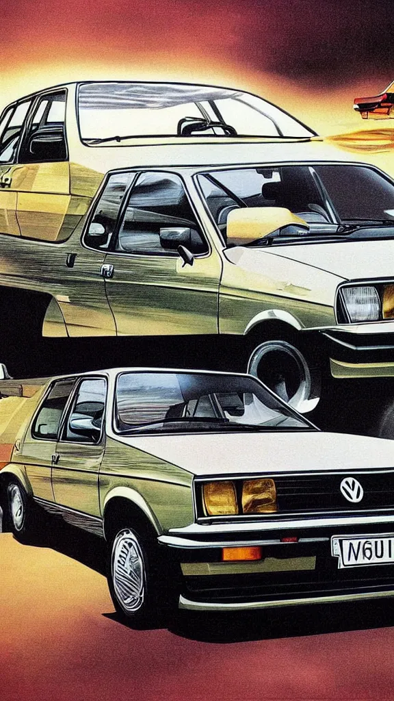 Prompt: 1 9 8 0 s airbrush surrealism illustration of a vw golf by don wieland