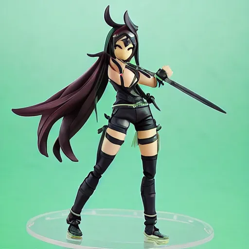 Prompt: league of legends akali as a Figma doll. Posable anime figurine. Kamas-wielding, green facemask, green outfit. Ninja sickle. PVC figure 12in.