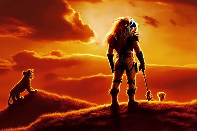 Image similar to simba ( from the lion king ), heavily armed and armored facing down armageddon in a dark and gritty reboot from the makers of mad max : fury road : witness me