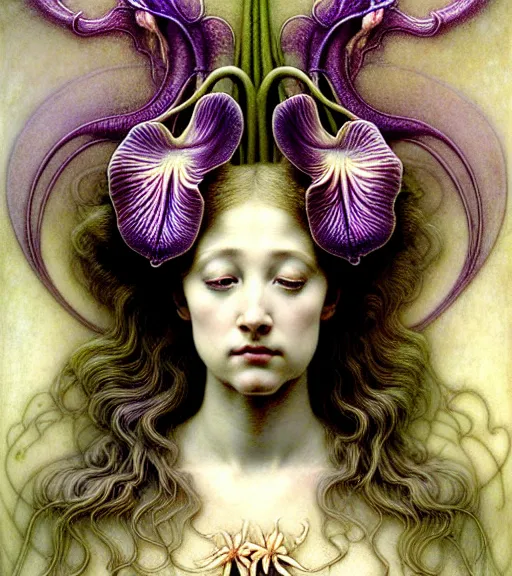 Image similar to beautiful young orchid fairy detailed realistic porcelain face portrait by jean delville, gustave dore, iris van herpen and marco mazzoni, art forms of nature by ernst haeckel, art nouveau, symbolist, visionary, gothic, neo - gothic, pre - raphaelite, fractal lace, intricate alien botanical biodiversity, surreality, hyperdetailed ultrasharp octane render