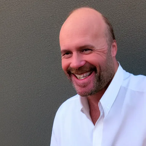 Prompt: color photograph of a balding middle aged brown haired hairy blue eyed round faced short white man dressed in a white shirt, grey pants and black dress shoes smiling at the camera with perfect, straight white teeth