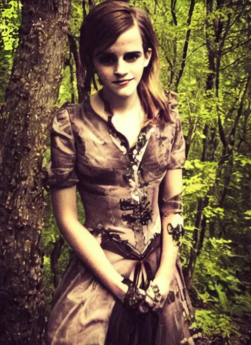 Prompt: weird night photo of the emma watson in the woods, blaire witch style
