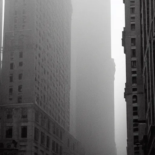 Image similar to a black and white medium shot of a foggy city heavy contrast selective exposure dark heavy black