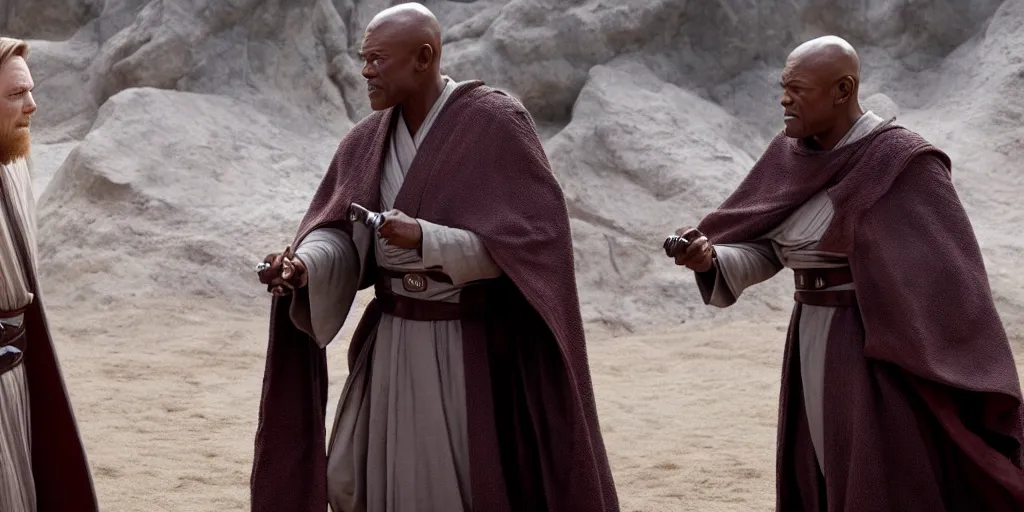 Image similar to obi - wan kenobi disney plus show, played by ewan mcgregor finds and discovers old mace windu is alive in a cave played by samuel l jackson, greet eachother, side by side, old friends, ultra realistic, 4 k, movie still, uhd, sharp, detailed, cinematic, render, modern