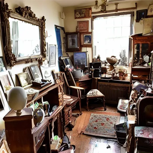 Image similar to ultra-wide shot cluttered room with antiques