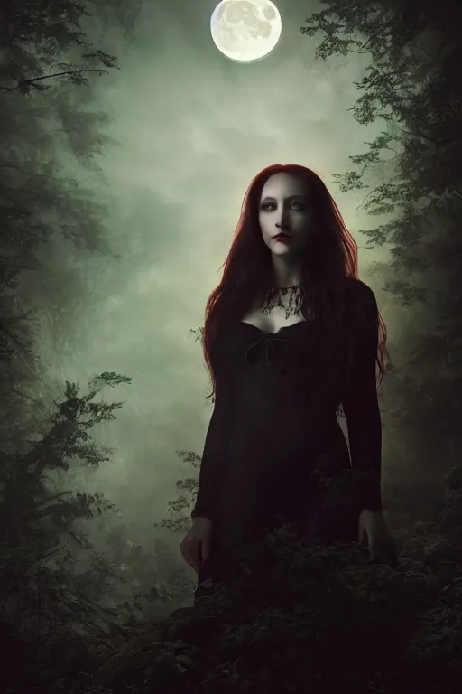 Image similar to Riveting Charismatic female vampire Pandora, portrait, atmospheric lighting, painted, intricate, Highgate cemetery, volumetric lighting, beautiful, moon light, sharp focus, ultra detailed, by Leesha Hannigan, Ross Tran, Thierry Doizon, Kai Carpenter, Ignacio Fernández Ríos