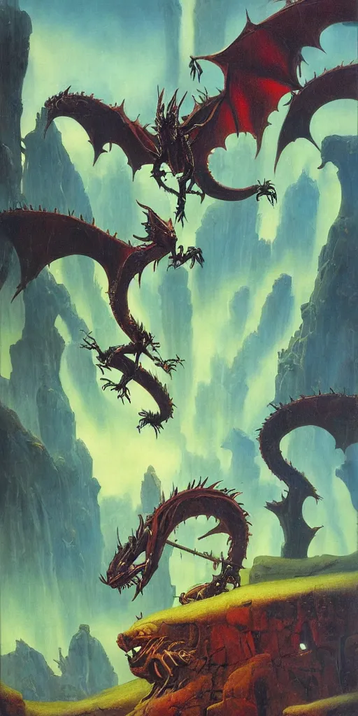 Prompt: a relaxing epic oil painting of a cyberpunk dragon by roger dean in the style of romanticism art, 8 k