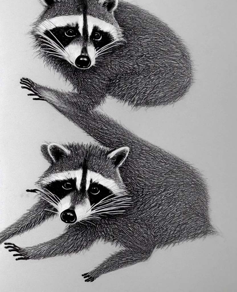 Prompt: detailed pencil sketch of a raccoon holding up and looking at a starfish, chris van allsburg