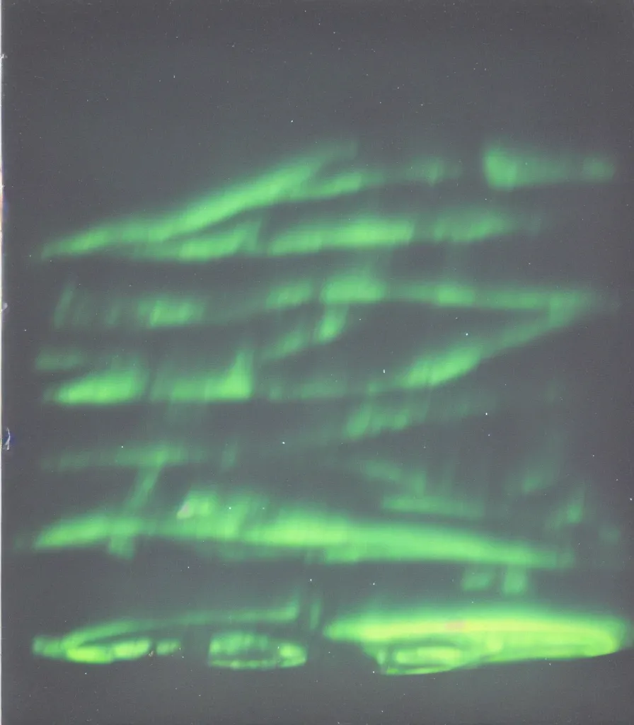 Prompt: polaroid photo of a clear UFO encounter in the artic, large black triangle with lights in each corner, aurora borealis, HD scan,