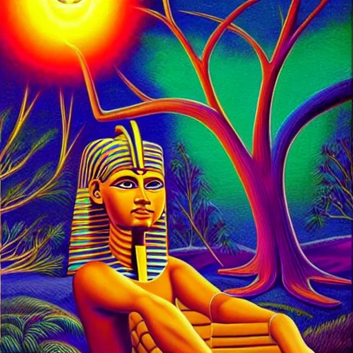 Image similar to painting of a Egyptian pharaoh meditating under a tree by Alex Grey, acrylic art, ethereal, soothing, somber, elegant, warm light, cozy, glows,