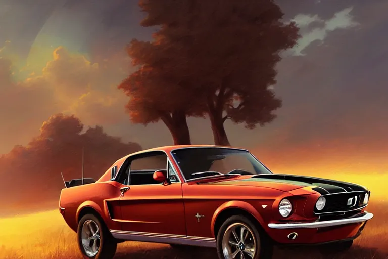 Prompt: a 1 9 6 8 mustang driving down a country road, coriolios rpg art style, full of details, warm sunset colors, matte painting, artstation, 8 k, hyperrealistic, style of peter mohrbacher