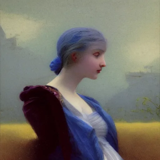 Image similar to a young woman's face, her hair is white and she wears an indigo blue satin cloak, by ivan aivazovsky and syd mead and moebius and gaston bussiere and roger dean and pieter claesz and paul delaroche and alma tadema and aelbert cuyp and willem kalf, hyperrealistic, volumetric light, octane render