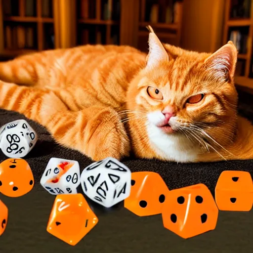 Prompt: realistic orange tabby cat lying in a sunbeam, the cat is next to a pile of D&D polyhedral dice, the cat is sleeping with closed eyes, award-winning photography, cozy, golden hour