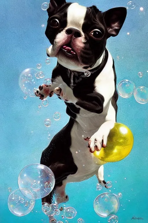 Image similar to a boston terrier chasing bubbles. clean elegant painting, beautiful details, lots of bubbles. by artgerm and greg rutkowski