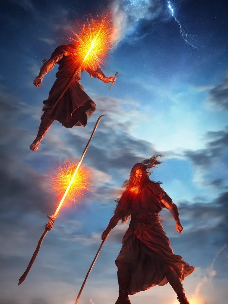 Image similar to levitating wizard wielding a spear, opening a shining portal, night sky, horizon of an erupting volcano, 4 k, ultra realistic, detailed, epic lighting, high detail, masterpiece, trending on artstation