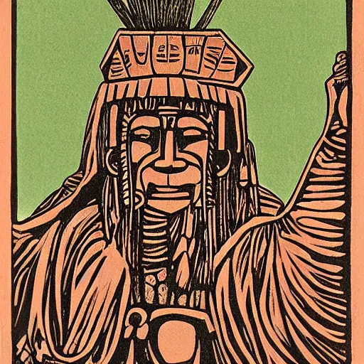 Image similar to colorfull woodcut, statue, character, by hopi indians