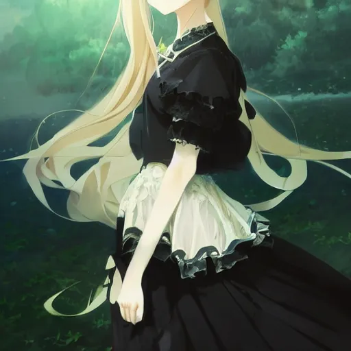 Image similar to victorique de blois anime girl gosick super detailed green eyes green eyes green eyes green eyes black dress black dress black dress black dress blonde hair by greg rutkowski makoto shinkai aramaki shinji artgerm, cushart krenz key art feminine award winning