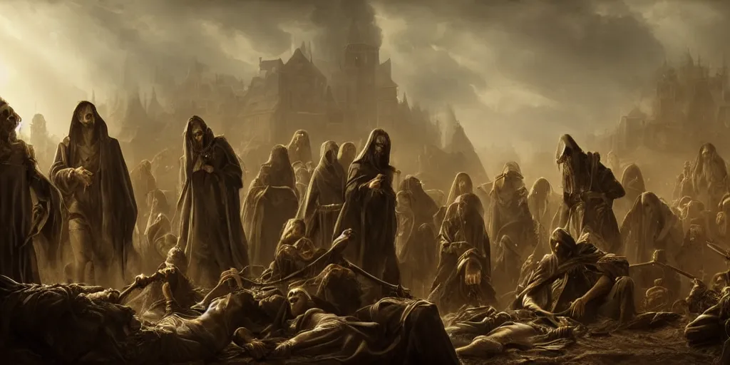 Image similar to beautiful oil matte painting, black plague infected people meeting the grim reaper, wonderful masterpiece highly detailed, beautiful cinematic light deep focus, elegant, digital painting, smooth, sharp focus, golden ratio, dramatic illumination, ultra realistic, 8 k, art by salvator rosa