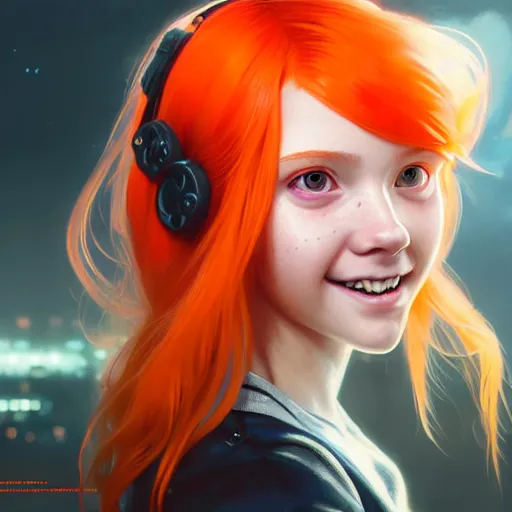 Prompt: portrait painting of a cute teenage girl with wild orange hair and a bright smile wearing cyberpunk clothes, ultra realistic, concept art, intricate details, eerie, highly detailed, photorealistic, octane render, 8 k, unreal engine. art by artgerm and greg rutkowski and charlie bowater and magali villeneuve and alphonse mucha