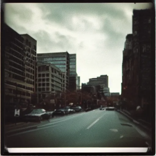 Prompt: instant photograph of a city in 1979, polaroid, raw, light leak, clouds