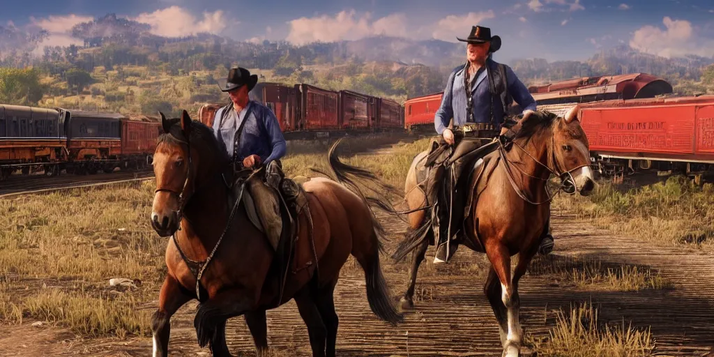 Prompt: Donald Trump from Red Dead Redemption 2 riding a horse next to a train, wide shot, ray tracing, 8k by artgerm and greg rutkowski