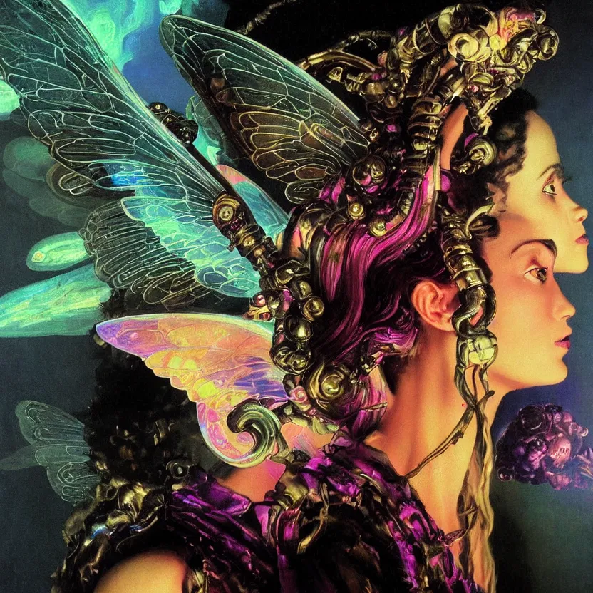 Prompt: a baroque neoclassicist close - up portrait of a colorful retrofuturistic blacklight uv silhouette of an alien fairy godess with iridescent wings. glowing fog in the background. renaissance portrait painting. highly detailed science fiction painting by norman rockwell, frank frazetta, and syd mead. rich colors, high contrast, gloomy atmosphere, dark background. trending on artstation