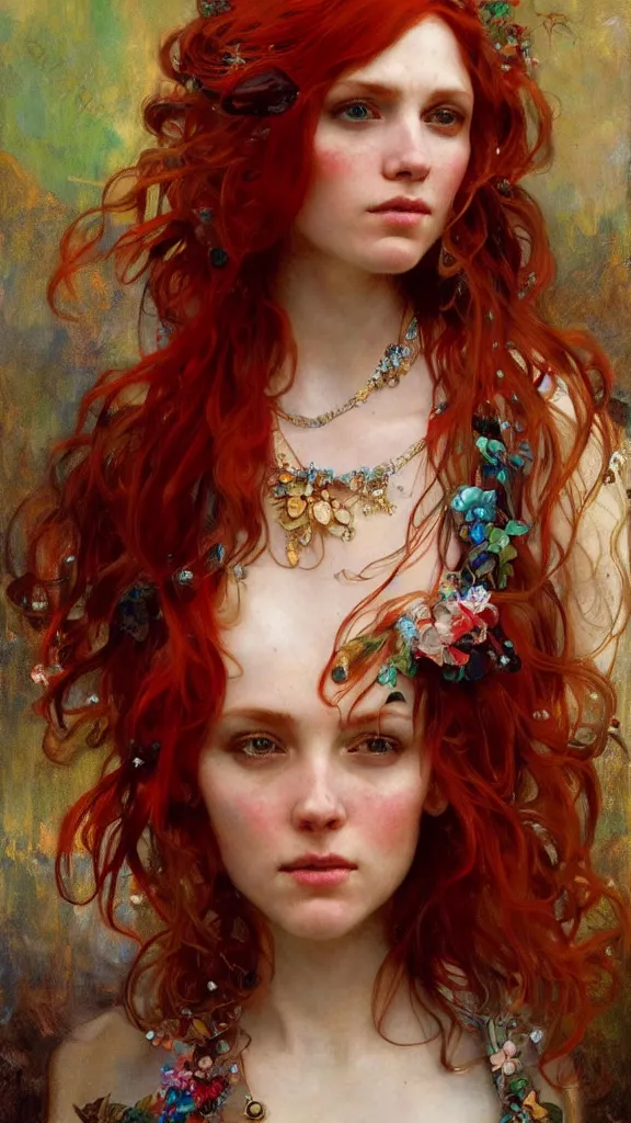 Prompt: a highly detailed beautiful red haired woman, adorned with precious stones, intricate by jeremy mann and alphonse mucha, 8 k resolution, trending on artstation, very very detailed, masterpiece, stunning,