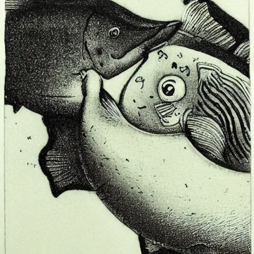 Image similar to the same style. the most beautiful little fat sweet girl is kissing a huge colorful cute fish. modern etching. colored print. hype realistic scene.