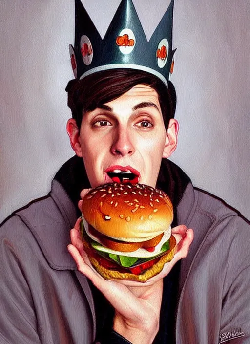 Image similar to oil painting, jughead jones has a pinocchio nose, he wears a light grey crown, and devours a hamburger, intricate, elegant, highly detailed, lighting, painting, artstation, smooth, illustration, art by greg rutowski and alphonse mucha
