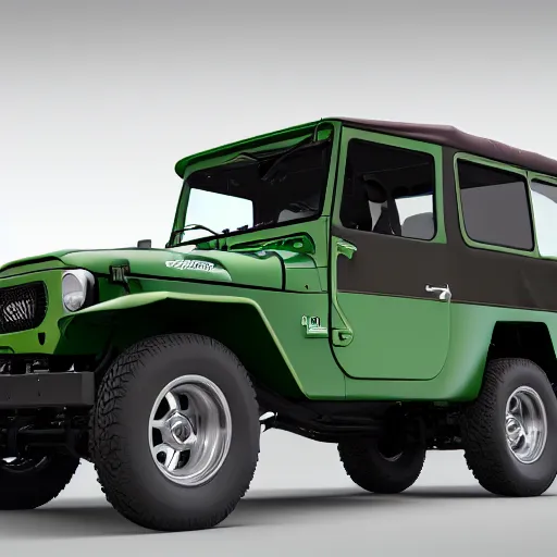 Prompt: closeup of a green Toyota Fj43 build in 1981, black roof, with a roof rack, detailed, by Leonardo da Vinci, 8K, octane render, 8K,