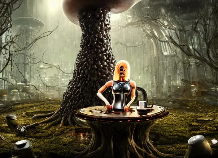 Prompt: photo of an intricate and sophisticated terminator woman with borg enhancements, blonde hair and detailed pretty face sitting on a giant mushroom in a weird magical mechanical forest and drinking a cup of tea. Very detailed 8k. Fantasy cyberpunk horror. Sharp.