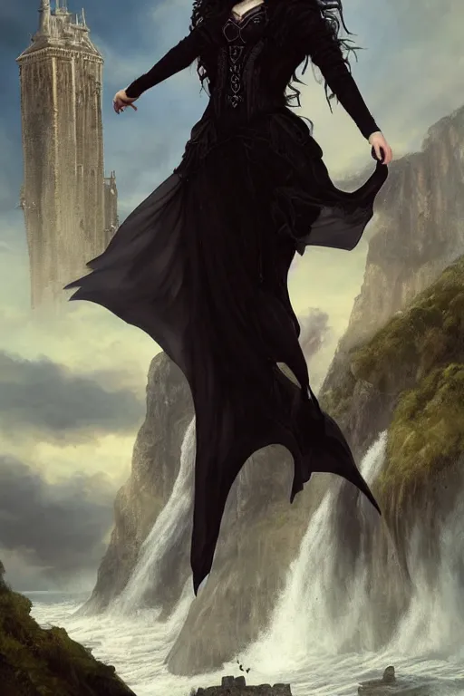 Prompt: a hyperdetailed matte painting of yennefer as a goth vampire princess floating in front of a tower, dressed in a contemporary t shirt and jeans from hot topic, overlooking cliffs and crashing waves in the background, highly detailed, deep focus, elegant, digital painting, sharp focus, ultra realistic, 8 k, art by greg rutkowski and rembrandt and alphonse mucha