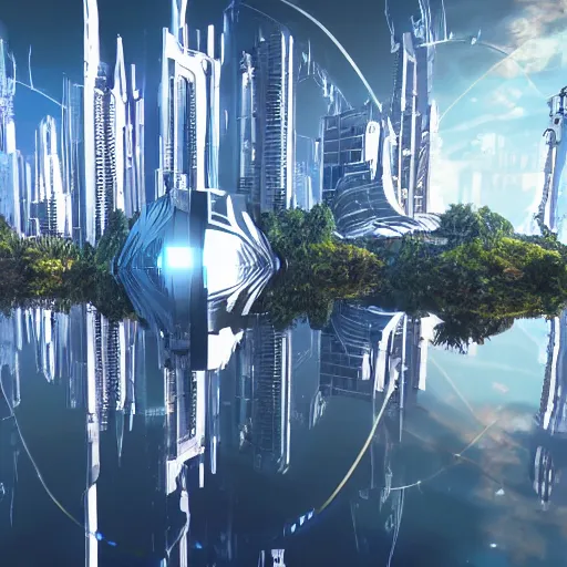 Image similar to futuristic city ultra-realistic utopia lake photorealism reflection jungle drones android,8k