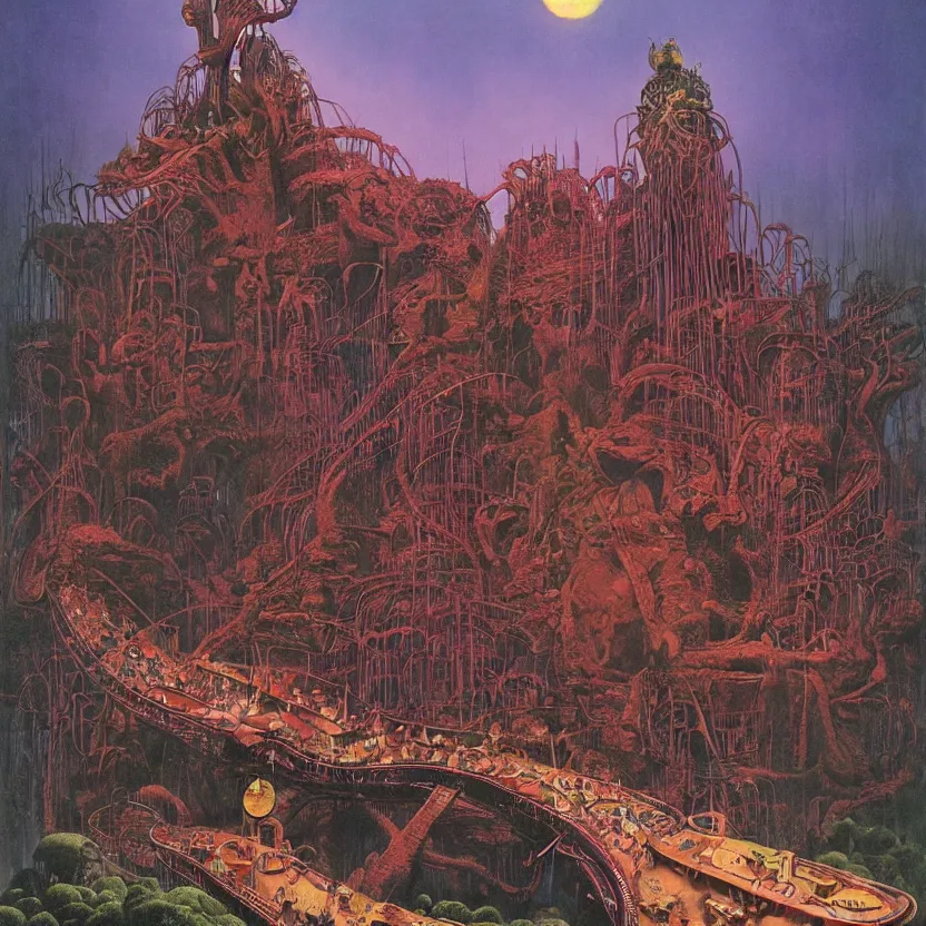 Prompt: a theme park with rollercoasters, rides and attractions, by richard corben, bruce pennington, and zdzisław beksinski. goosebumps cover art. pulp horror art.