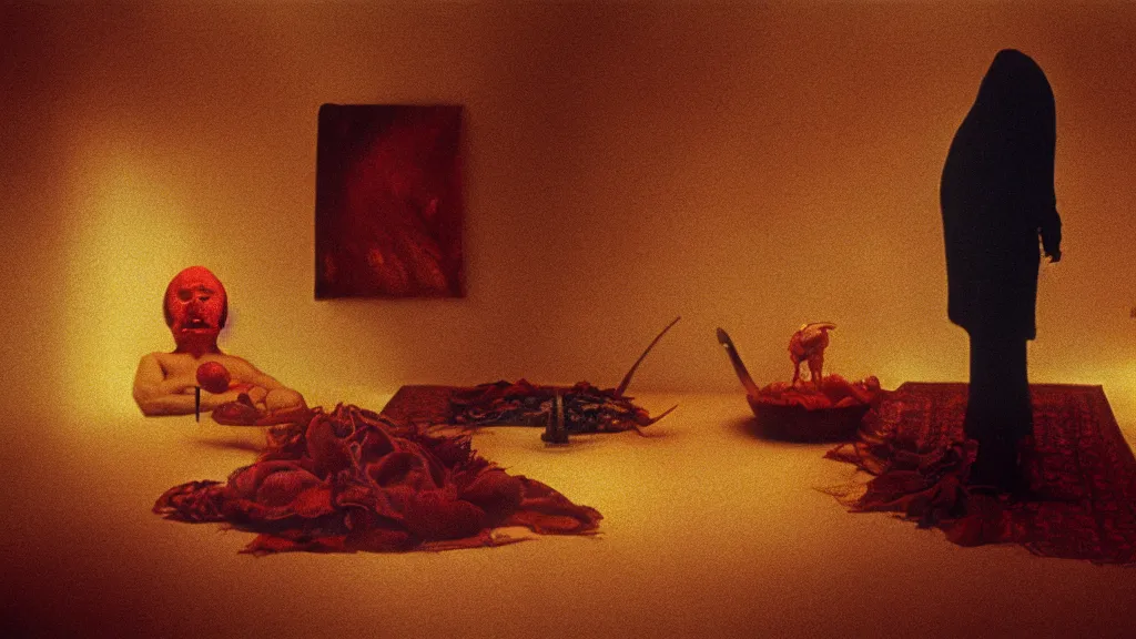 Image similar to the face with the plate of food under my bed, film still from the movie directed by denis villeneuve and david cronenberg with art direction by salvador dali and zdzisław beksinski, wide lens