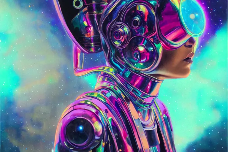 Prompt: patron saint of 👽 🌈👩🏾, futuristic clothing, woman and robot, disco party, neon god of city character portrait, in the style of moebius, tom bagshaw, and waterhouse, cinematic lighting, beautiful, elegant, oil painting,