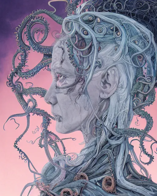 Image similar to centered beautiful detailed side view profile portrait of a dead, crazed, mad old woman, ornate tentacles growing around, ornamentation, thorns, vines, tentacles, elegant, beautifully soft lit, full frame, by wayne barlowe, peter mohrbacher, kelly mckernan, h r giger