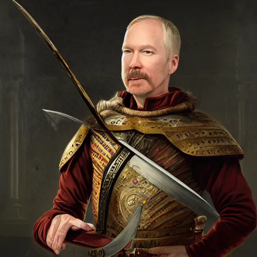 Prompt: adam savage portrait roman general hand on sword