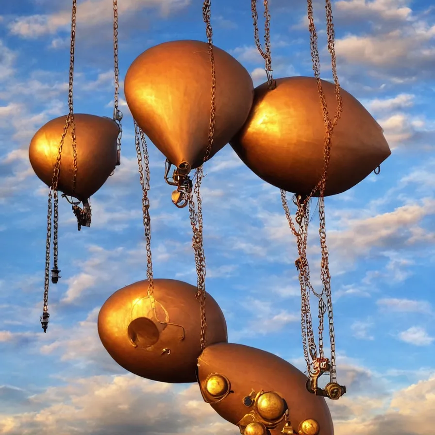 Prompt: beautiful blimps!!! high in the sky, copper chains hanging from the edges, ( ( ( steampunk styled ) ) ), ( ( golden hour ) ), steam clouds, clouds, award winning photography, highly detailed, low poly, extremely wide angle