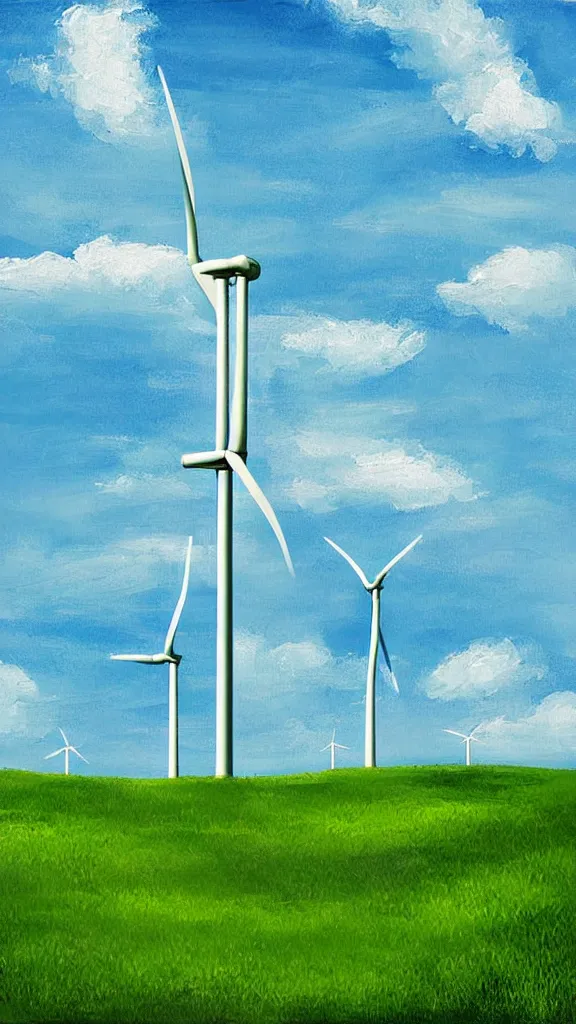 Image similar to a wind turbine, blue sky, sunshine,green land, highly detailed, digital painting