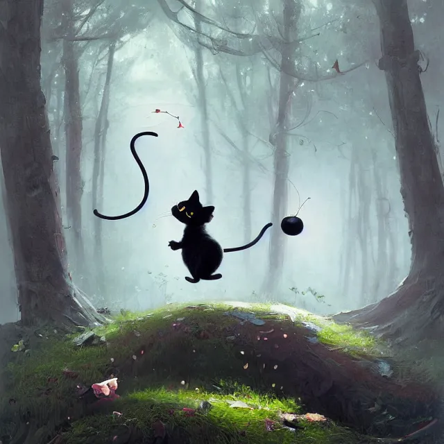 Prompt: a beautiful painting of a cute black cat catching a mouse in a forest. character design by cory loftis, fenghua zhong, ryohei hase, ismail inceoglu and ruan jia. artstation, volumetric light, detailed, photorealistic, rendered in octane